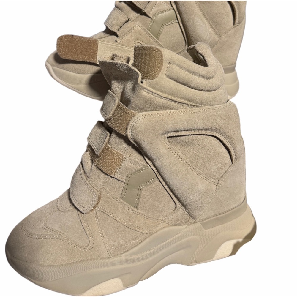 Isabel Marant Neutral Beige Suede High-Top Wedge Sneakers with Velcro Straps - Picture 3 of 6